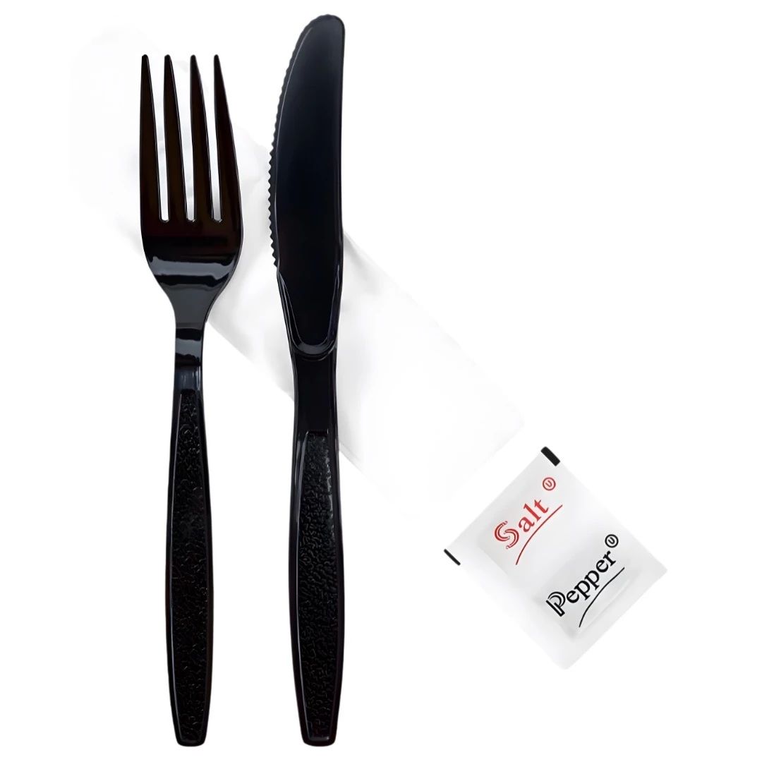 HW PP Kit Black Fork Knife Salt Pepper Napkin