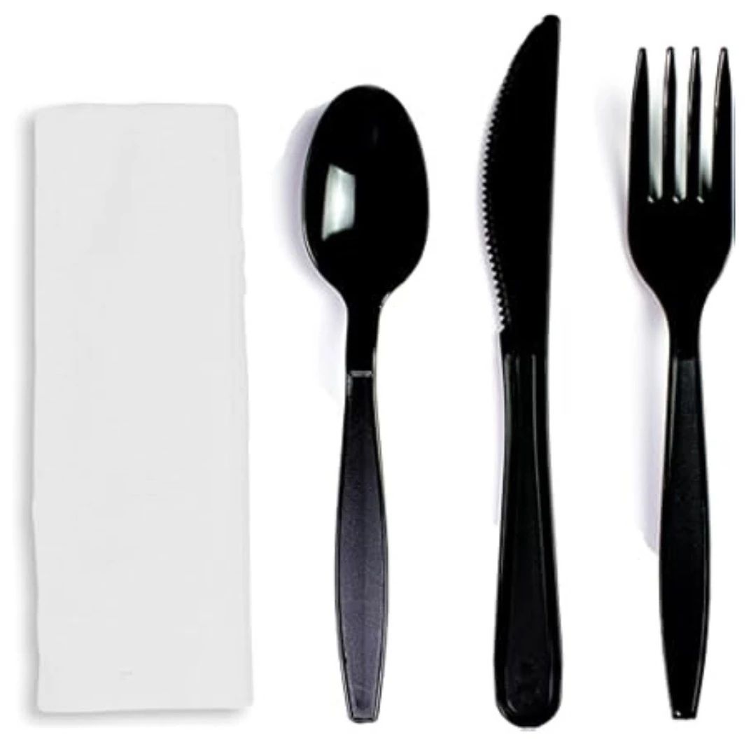 HW PP Kit Black Fork Knife Teaspoon Napkin